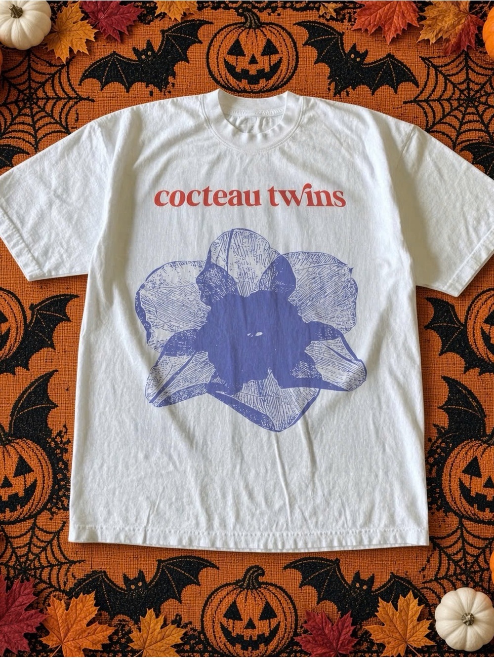 Gildan White Tee with Lavender Floral Graphic and Red Logo